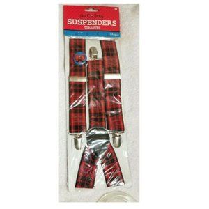 Red and Black Plaid Suspenders, Button Heart